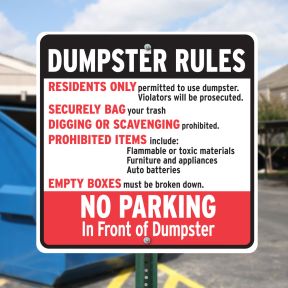 Dumpster Rules Signs - "No Parking in Front"