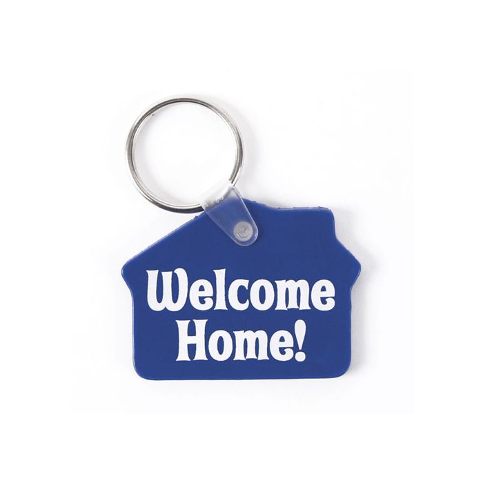 Blue House shaped Welcome Home Vinyl Key Tags